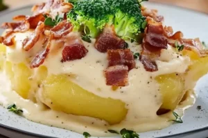 Pommes de terre farcies aux lardons et brocoli